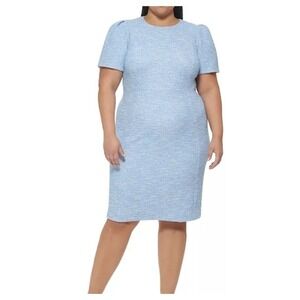 Calvin Klein 20W Stretch Tweed Puff Sleeve Blue White Knee Length Sheath Dress